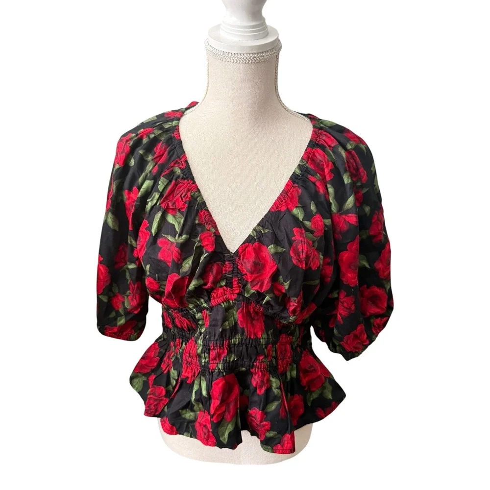 Old Navy Red Rose Floral Smocked Peplum Top V-Neck Puff Sleeve Medium Whimsygoth